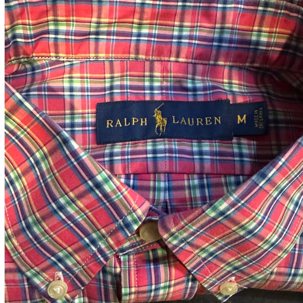Ralph Lauren Mens Pink Green Plaid Button Down Shirt Long Sleeve Size M